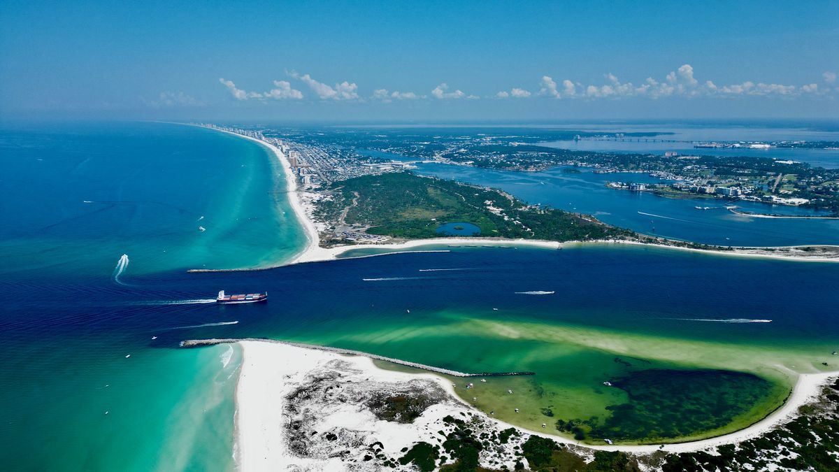 Aerial of Shell Island pass, Panama City Beach